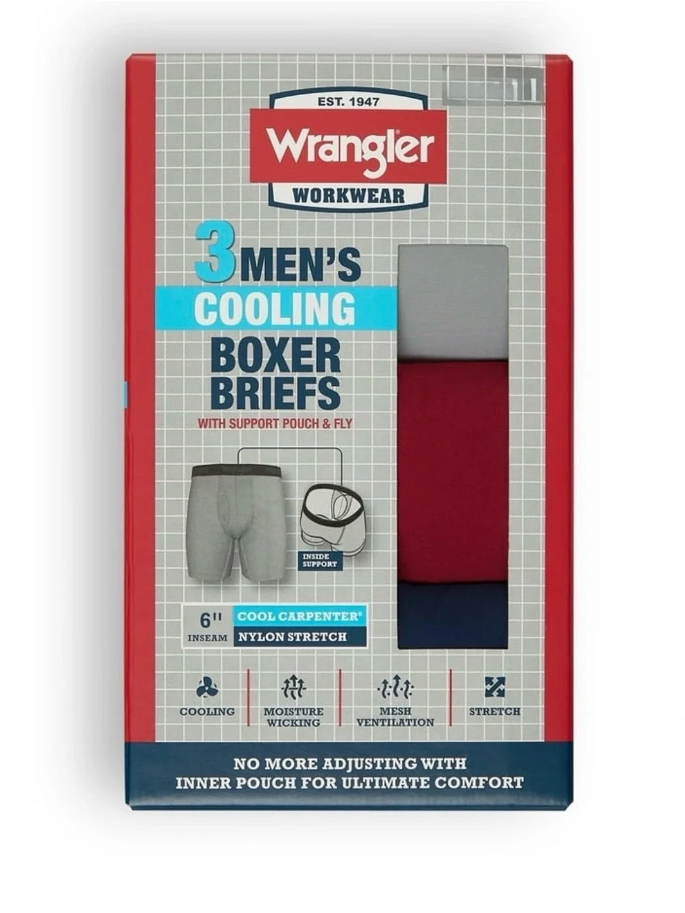 Wrangler Cool Carpenter 6” Boxer Briefs Men’s Underwear Gray, Red, & Blue